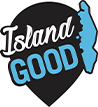 A black and blue logo for island good