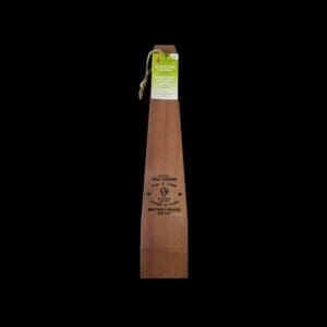 A wooden bat with a green handle.