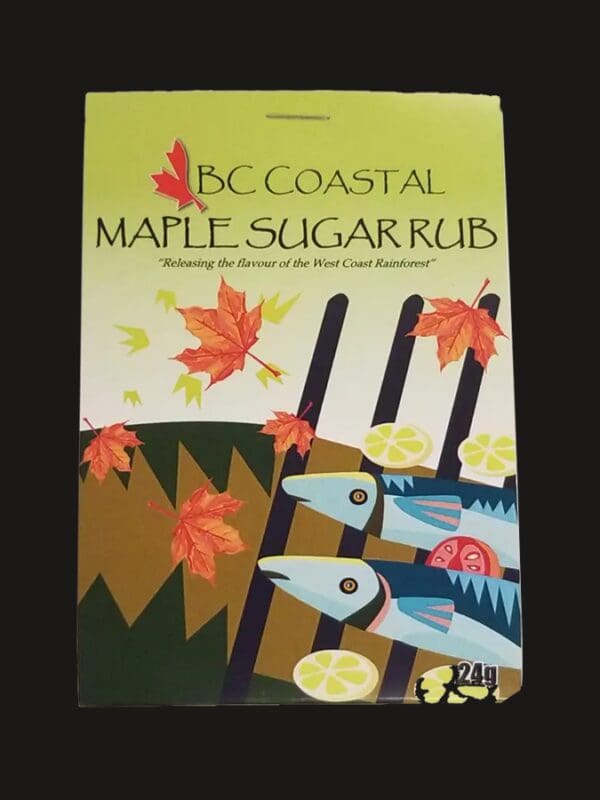 A book cover with maple leaves and fish.